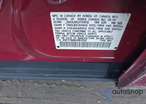 2003 Honda Pilot Ex-L z USA, uszkodzony, nr VIN 2HKYF18683H623132